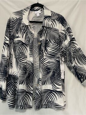 Liz Claiborne Navy and White Palm-Print Button Up Shirt Linen Rayon Blend, Sz Lg